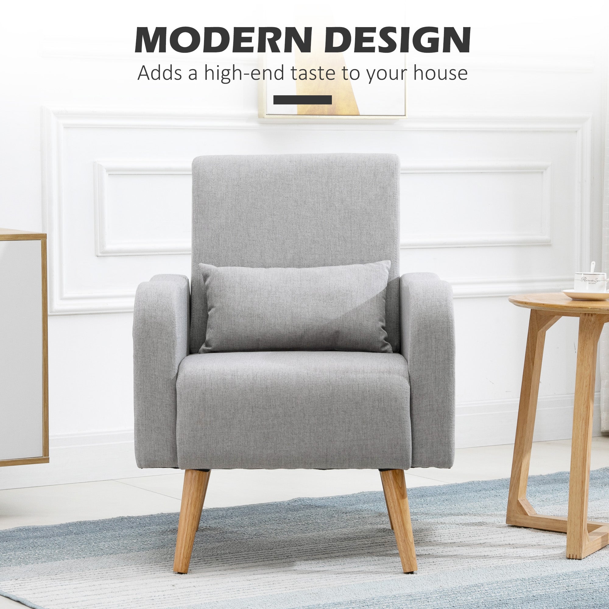HOMCOM Accent Chair, Linen-Touch Armchair with Pillow, Upholstered Leisure Lounge Sofa for Living Room, Club Chair with Rubber Wooden Frame, Grey
